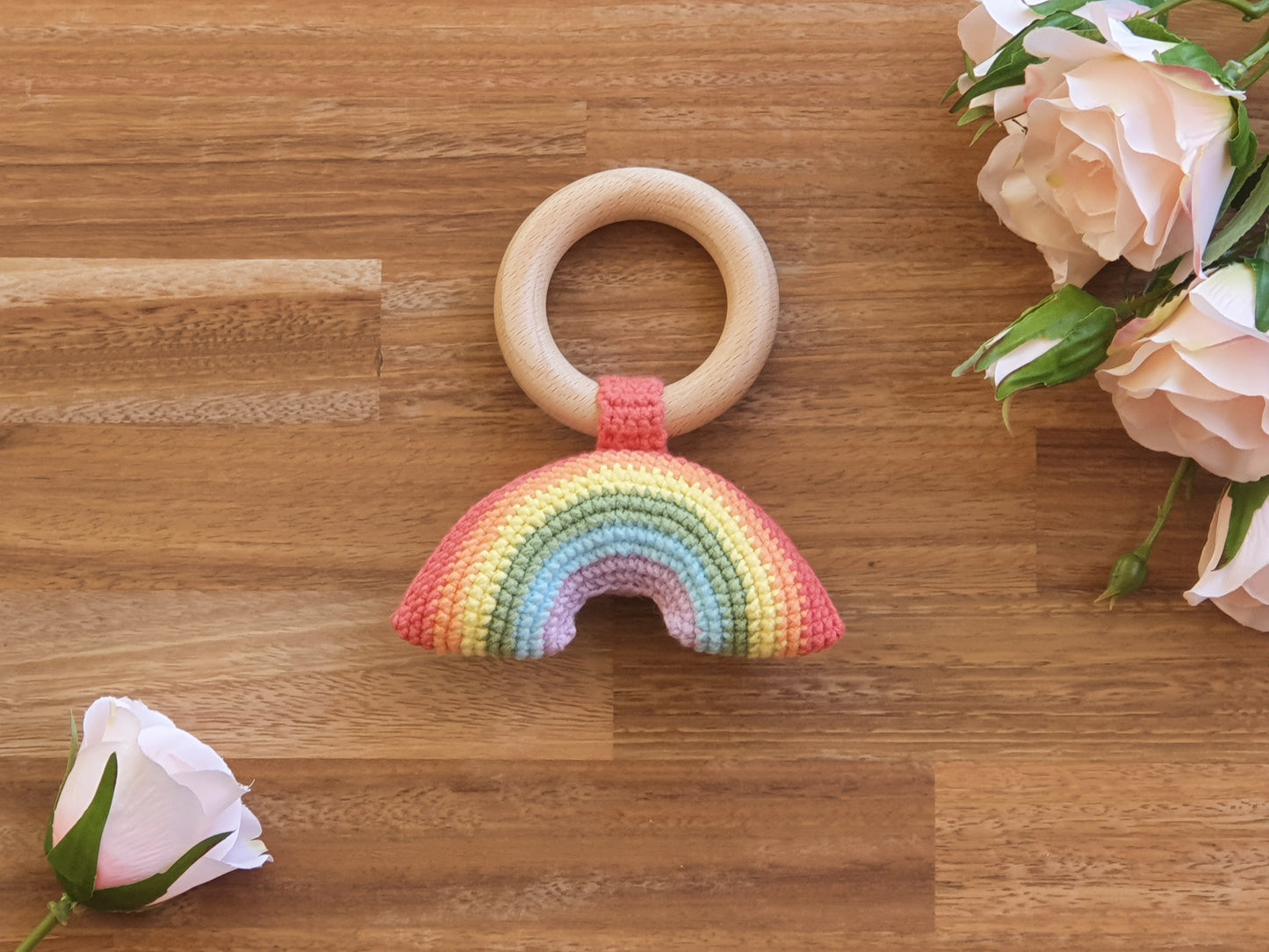 Crochet pastel rainbow rattle