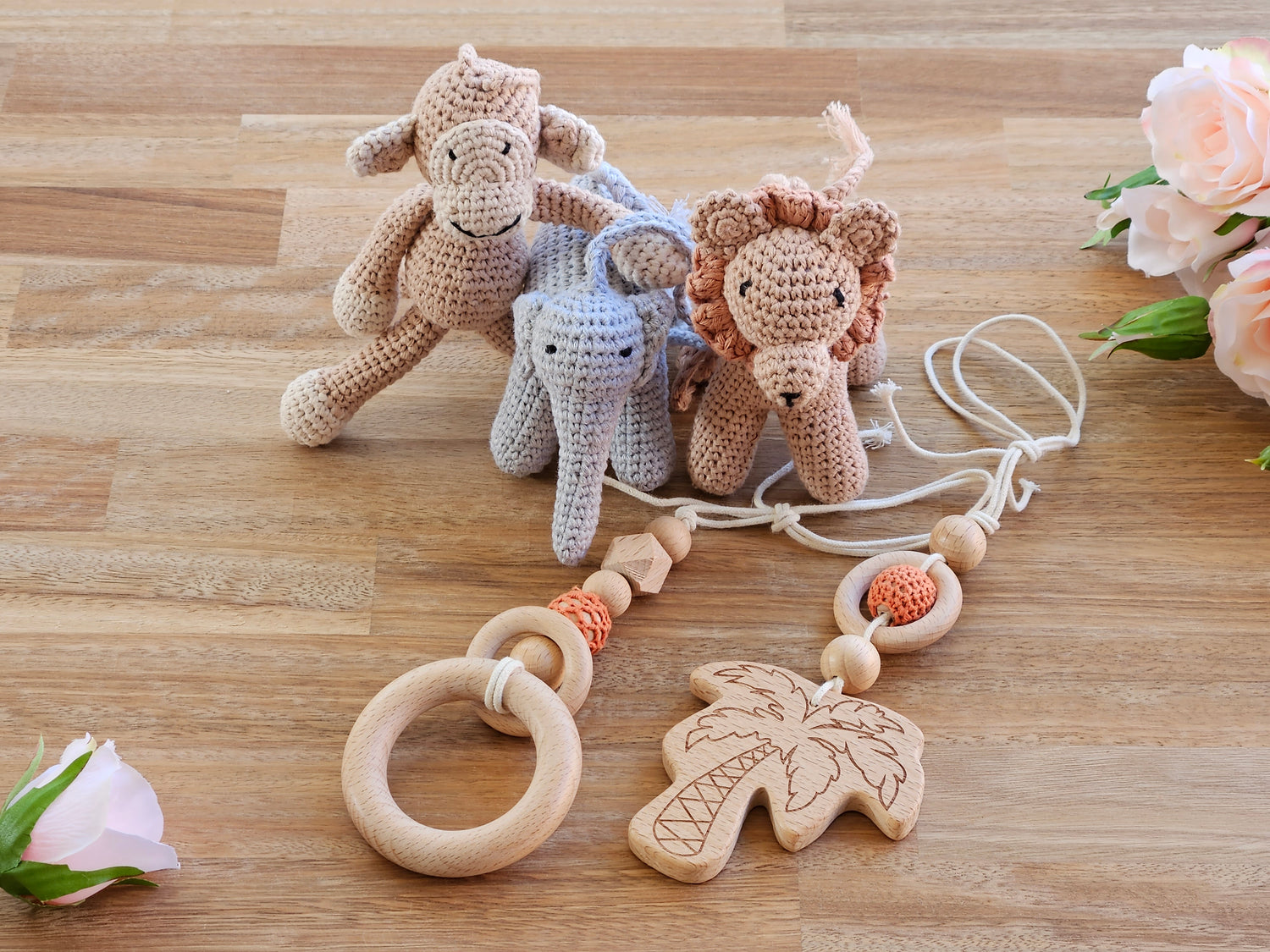 Crochet Monkey, crochet brown lion, crochet grey elephant, 2 wooden hanging toys