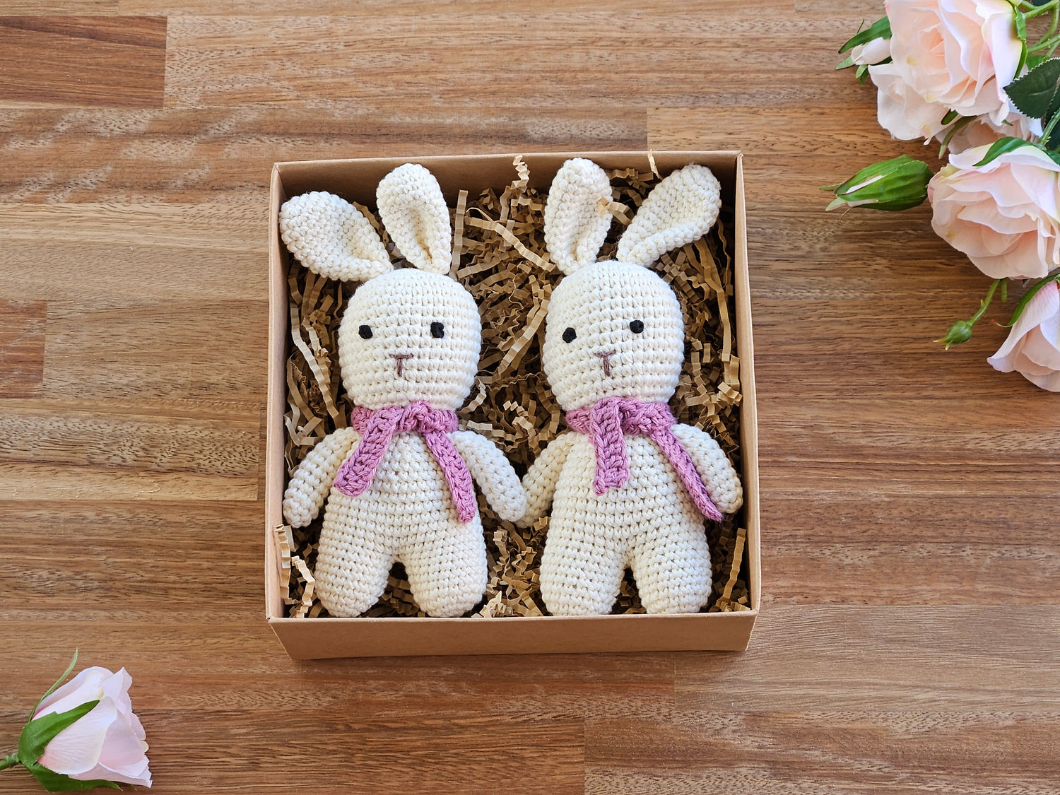 2 Crochet Rabbit toy with scarf. Dusk pink