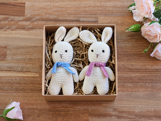 2 Crochet Rabbit toy with scarf. Blue and dusk pink