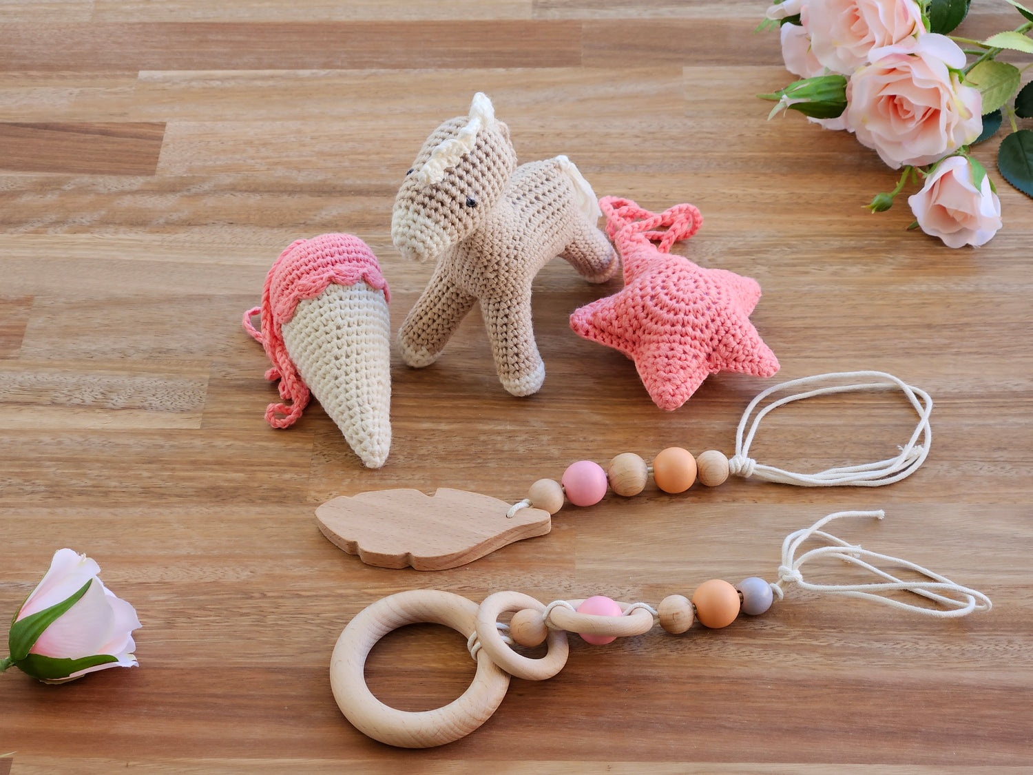 Carnival Toys, Horse, Ice cream, Star and 2 wooden hanging toys with beads.