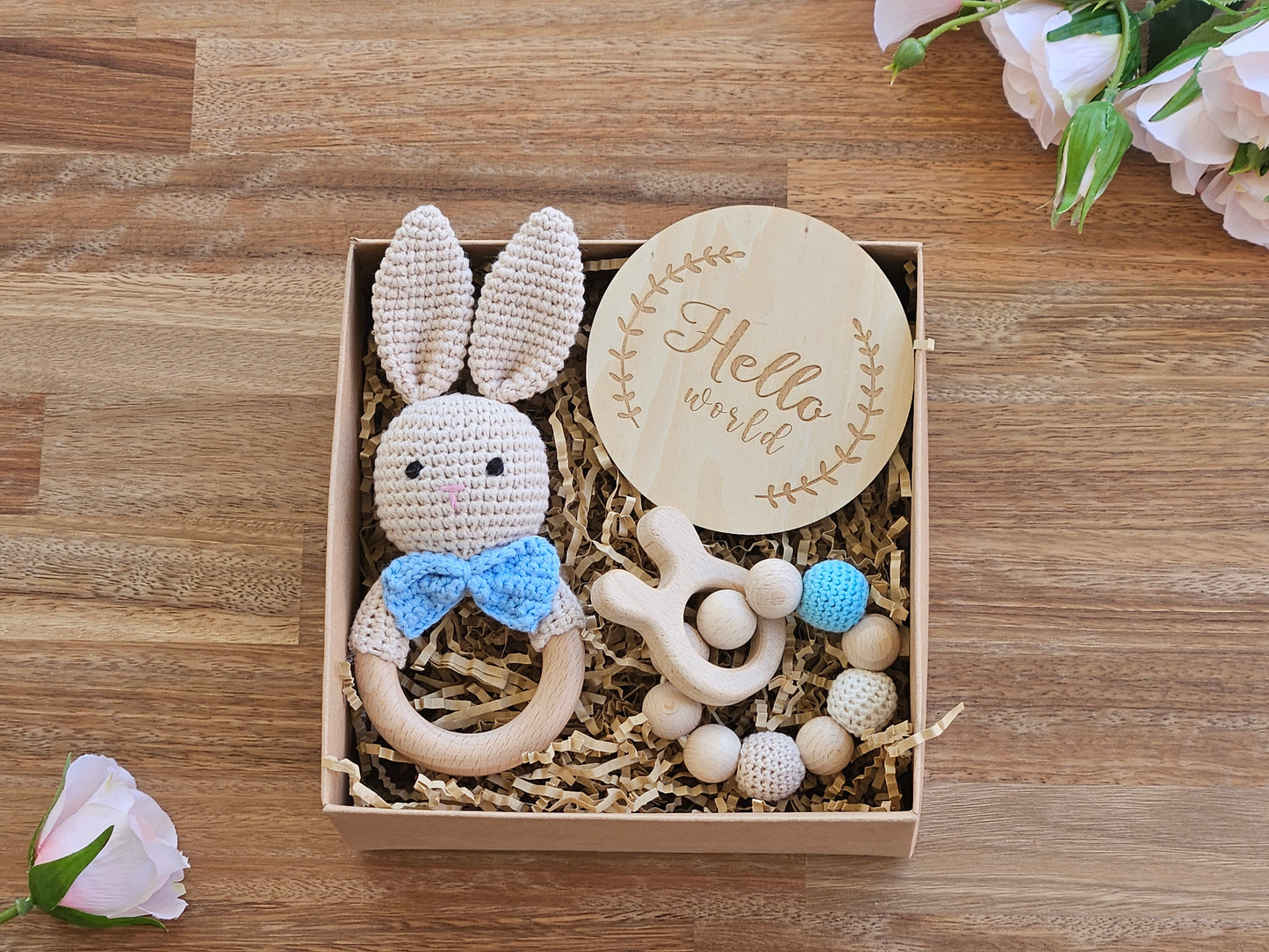 Baby Gift Box, Crochet Boy Rabbit rattle with bow, Toy ring, Hello world disc.