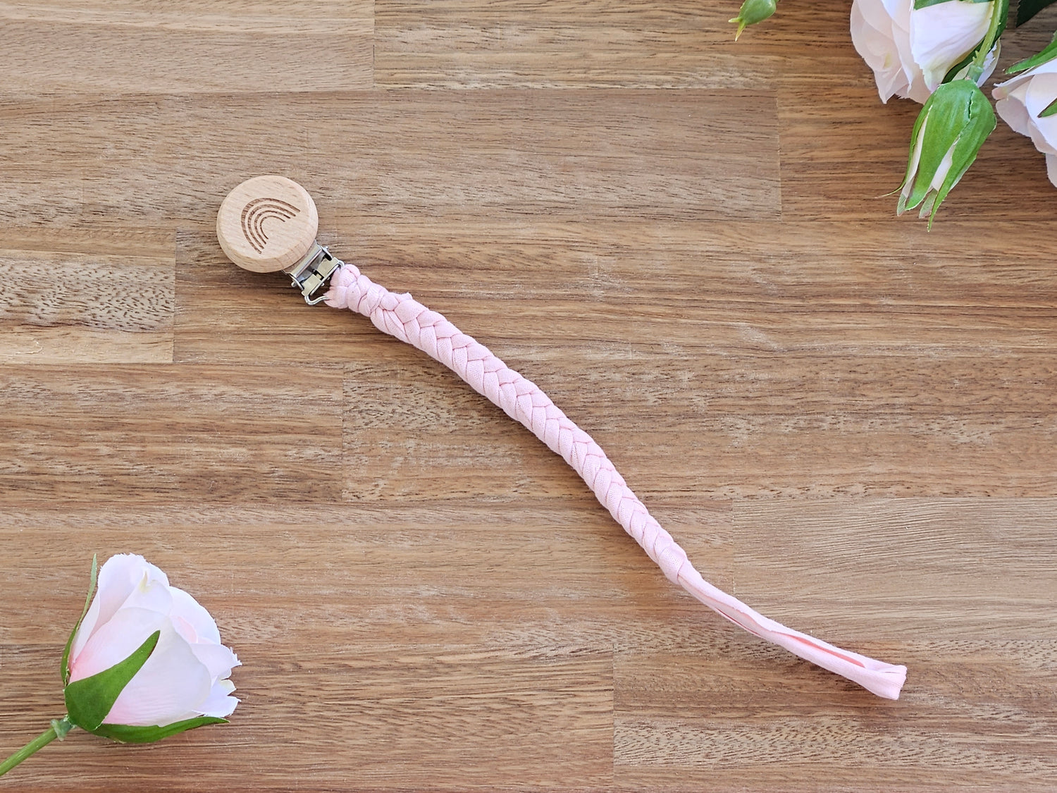 Braided pink pacifier chain