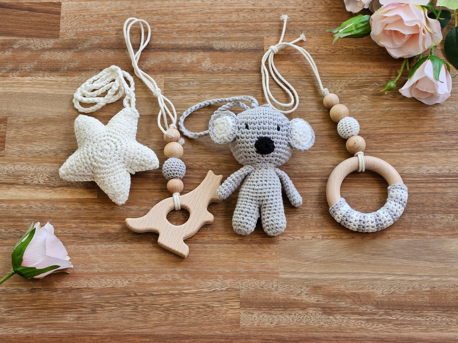 Crochet Beige star, Grey Koala and two beaded hanging toys Kangaroo and ring