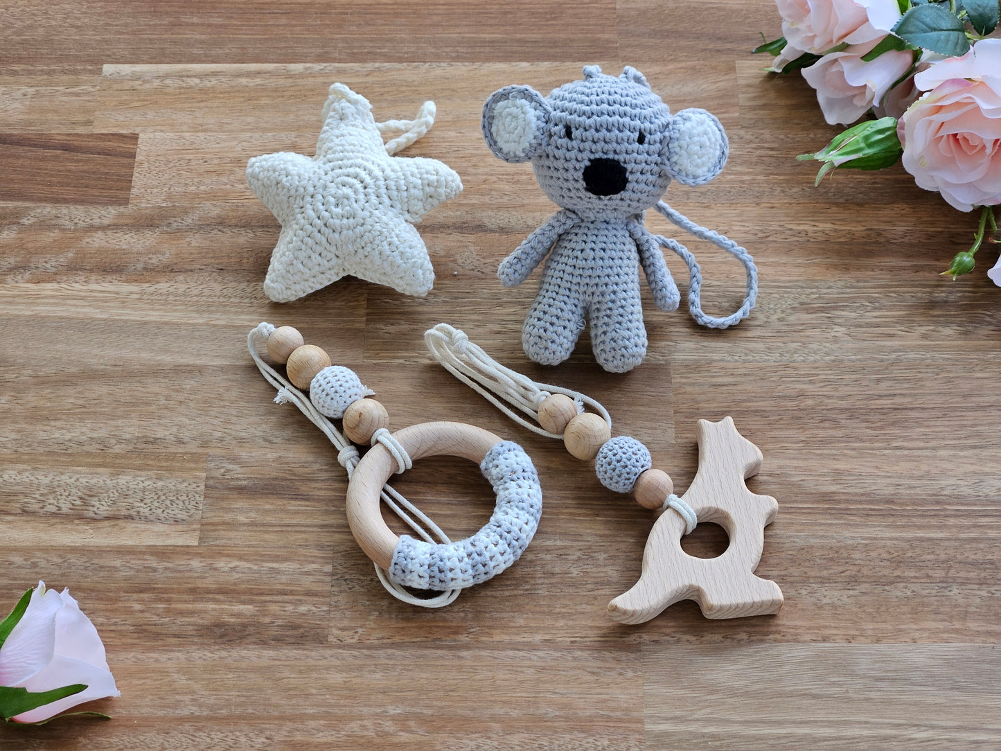 Crochet Beige star, Grey Koala and two beaded hanging toys Kangaroo and ring