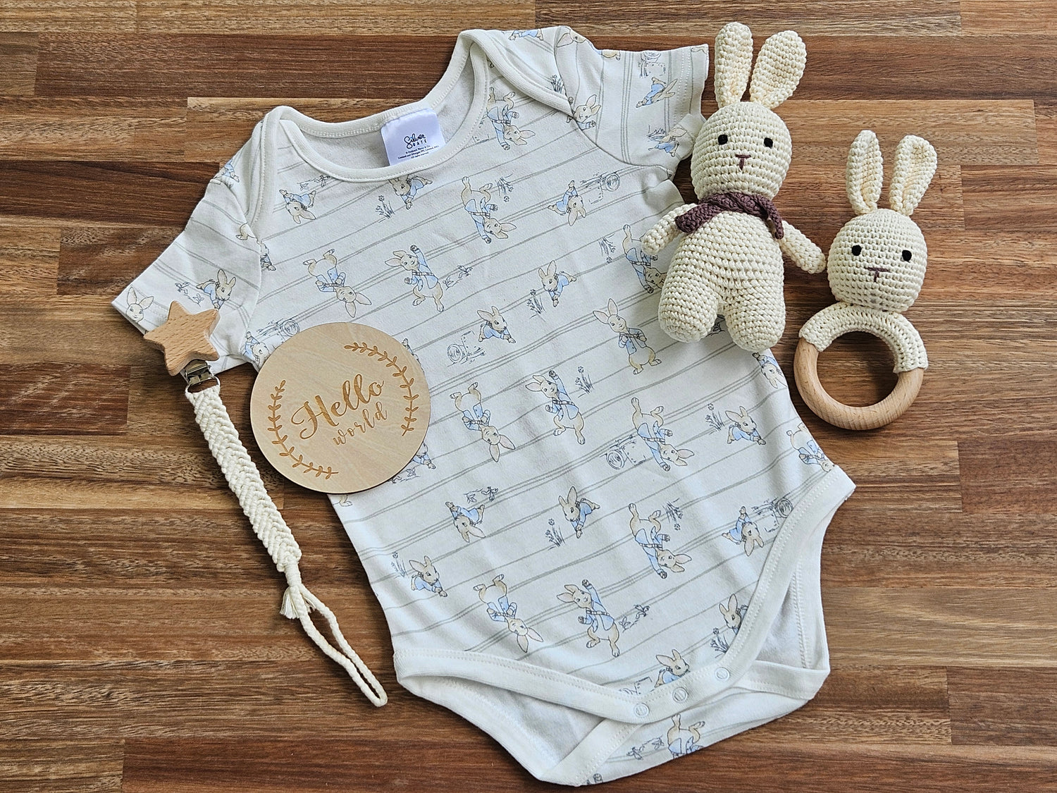 Peter rabbit beige romper, crochet rabbit toy, crochet rabbit rattle and macramé pacifier clip and Hello world disc