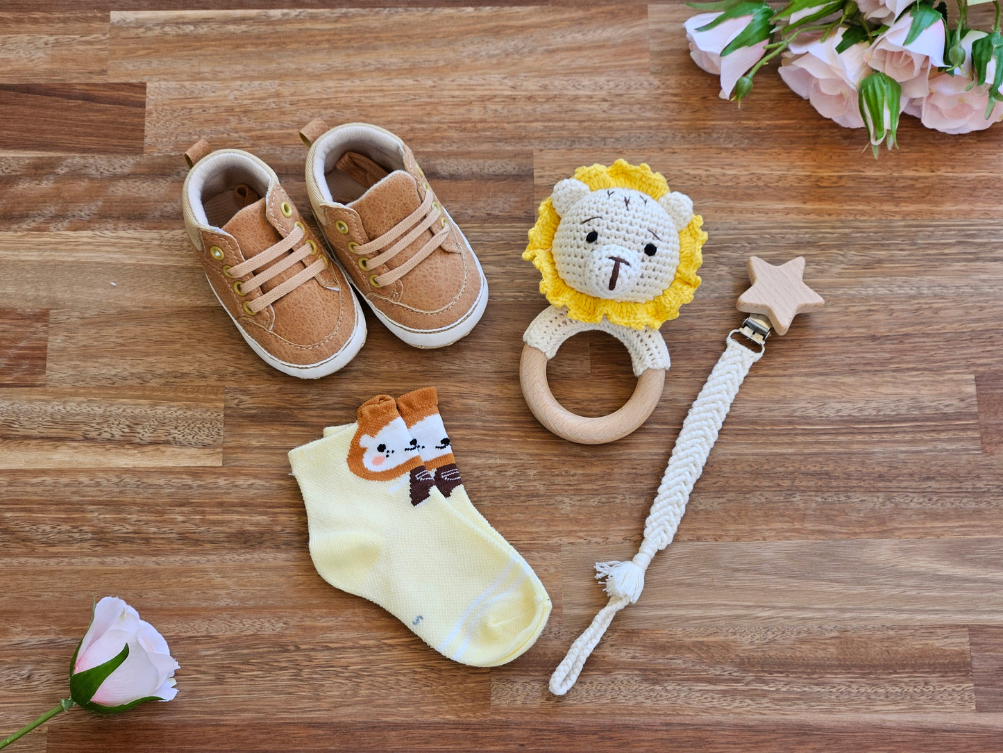 High top baby boot, crocheted lion rattle, Lion sock and a macramé pacifier chain