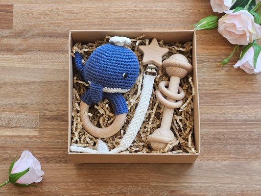 Baby Gift Box, Crochet Whale rattle, Macramé pacifier clip, Wooden bar toy, rattle