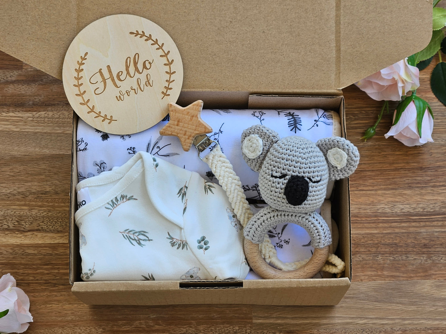 BABY GIFT BOX - Koala romper with aussie fauna bib and wrap, crochet koala rattle, macramé pacifier chain and a hello world disc 