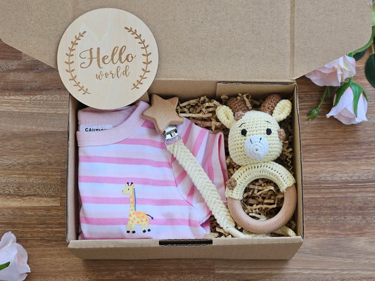 Baby Gift Box, Girls pink stripe romper, Crochet Giraffe rattle, Macramé pacifier clip, Hello world disc