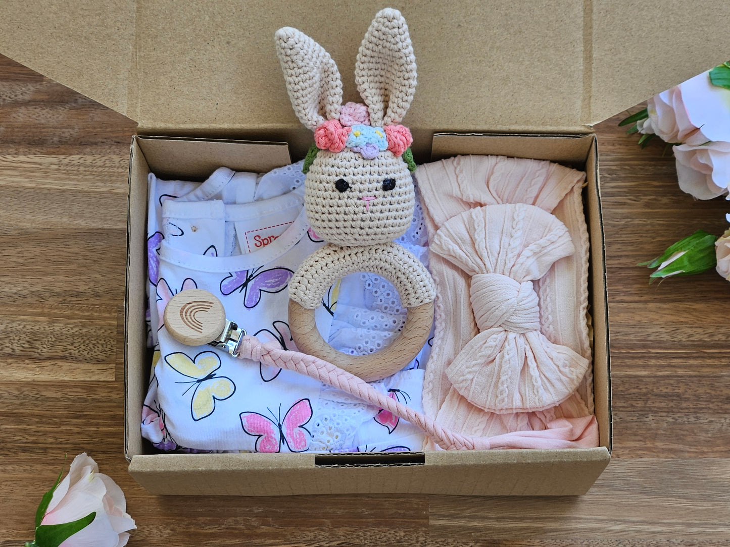 BABY GIFT BOX - Butterfly romper, Crochet girl bunny rattle, Bow headband and braided pacifier chain.