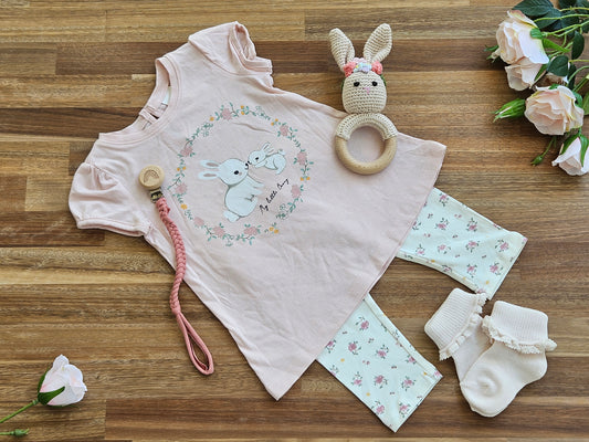 BABY GIFT BOX - Girls T shirt and legging set with crocheted girl bunny rattle, pink lace frill socks and braided pacifier chain