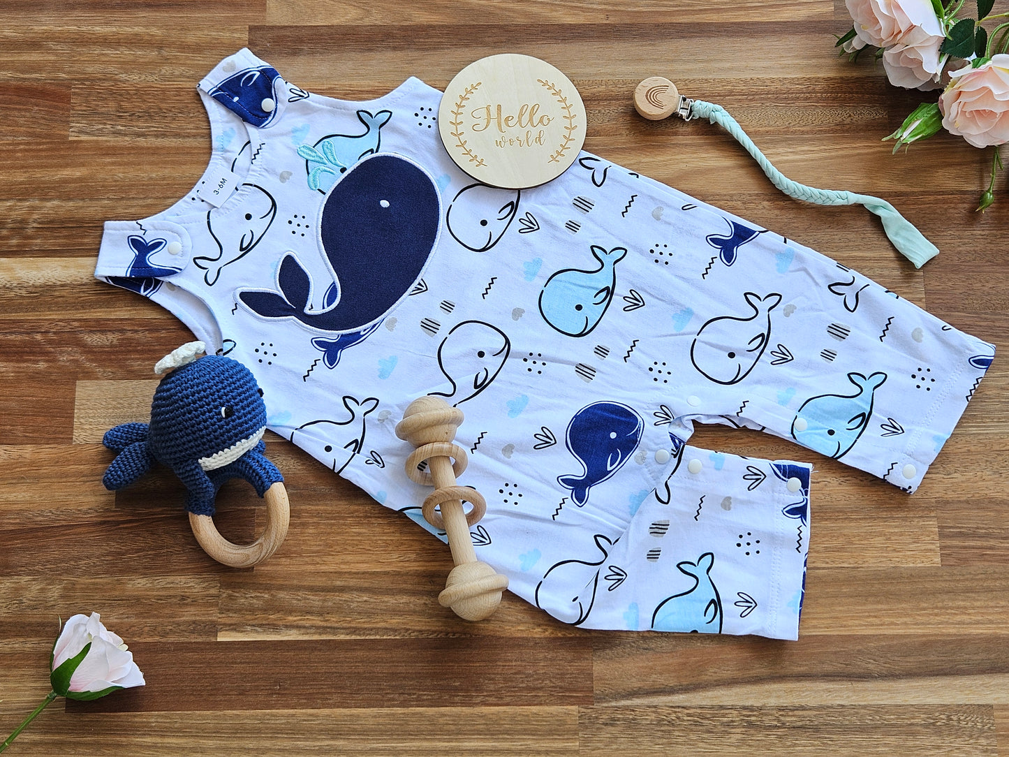 BABY GIFT BOX - Navy and white whale romper, crocheted whale rattle, wooden bar toy, braided pacifier chain and hello world disc