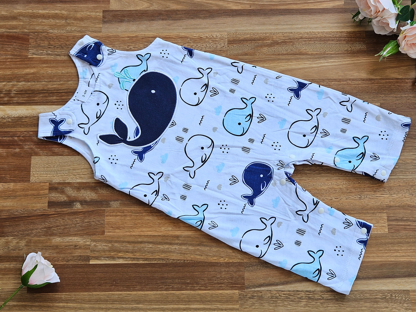 Navy and White whale romper front