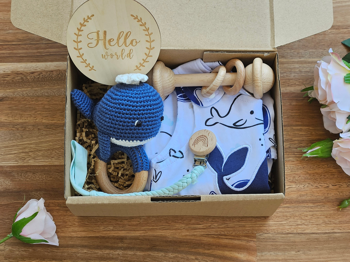 BABY GIFT BOX - Navy and white whale romper, crocheted whale rattle, wooden bar toy, braided pacifier chain and hello world disc