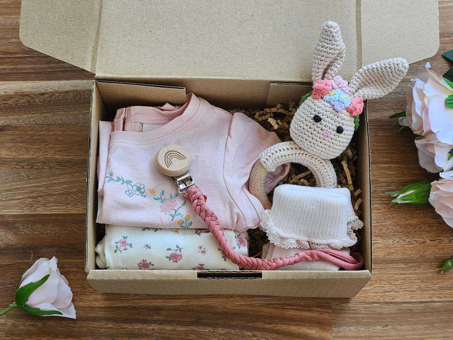 BABY GIFT BOX - Girls T shirt and legging set with crocheted girl bunny rattle, pink lace frill socks and braided pacifier chain