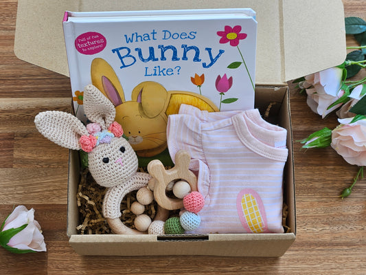 Pink bunny romper, Crochet Girl bunny rattle, Beaded teether toy, Book