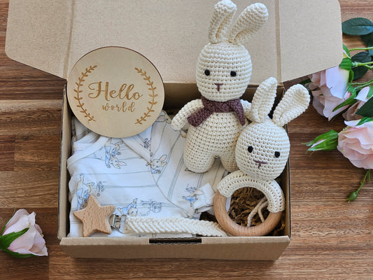 BABY GIFT BOX - Peter rabbit beige romper, crochet rabbit toy, crochet rabbit rattle and macramé pacifier clip and Hello world disc