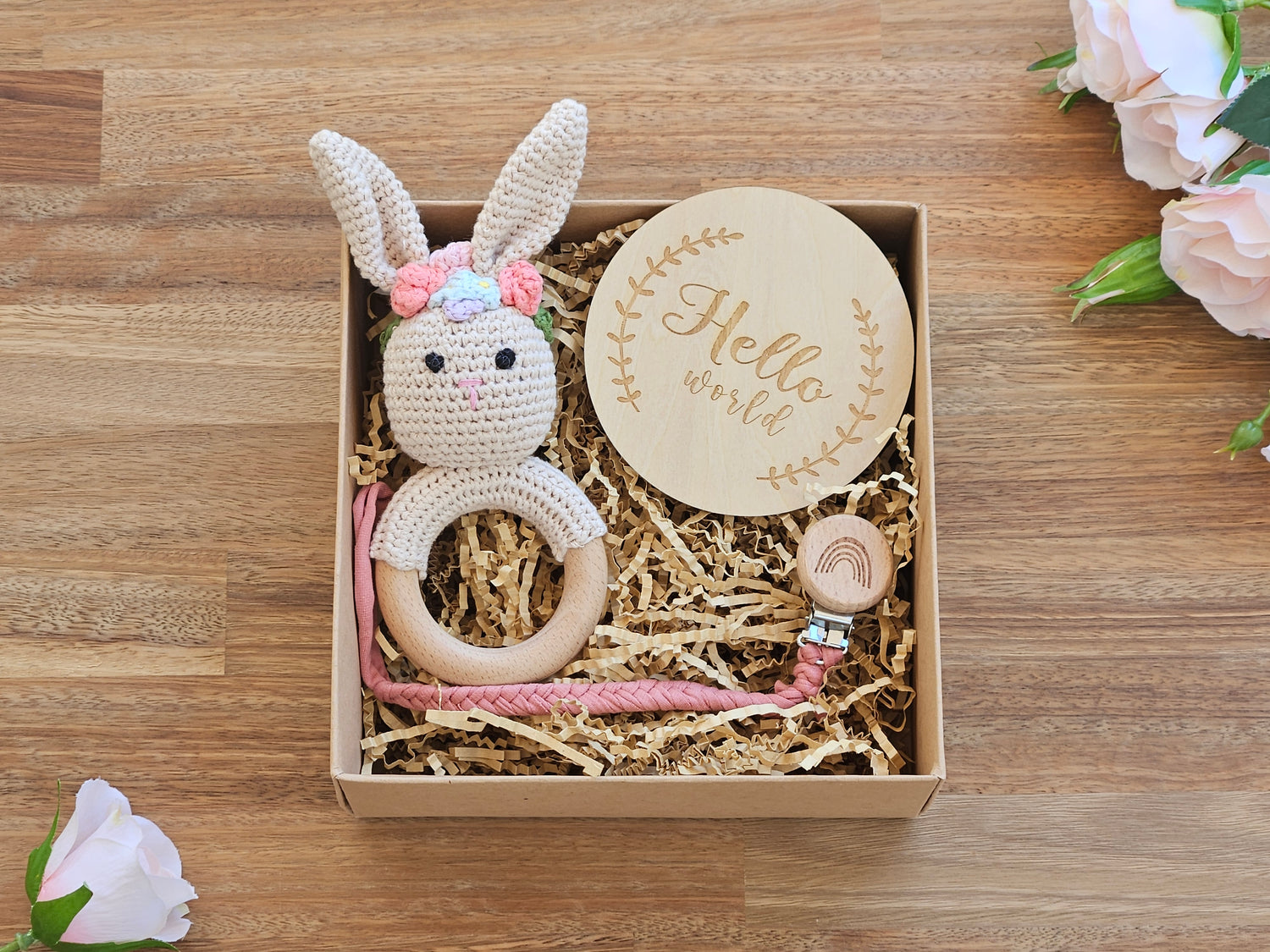 Crochet girl rabbit rattle gift box with pink braided pacifier chan and a Hello world wooden disc