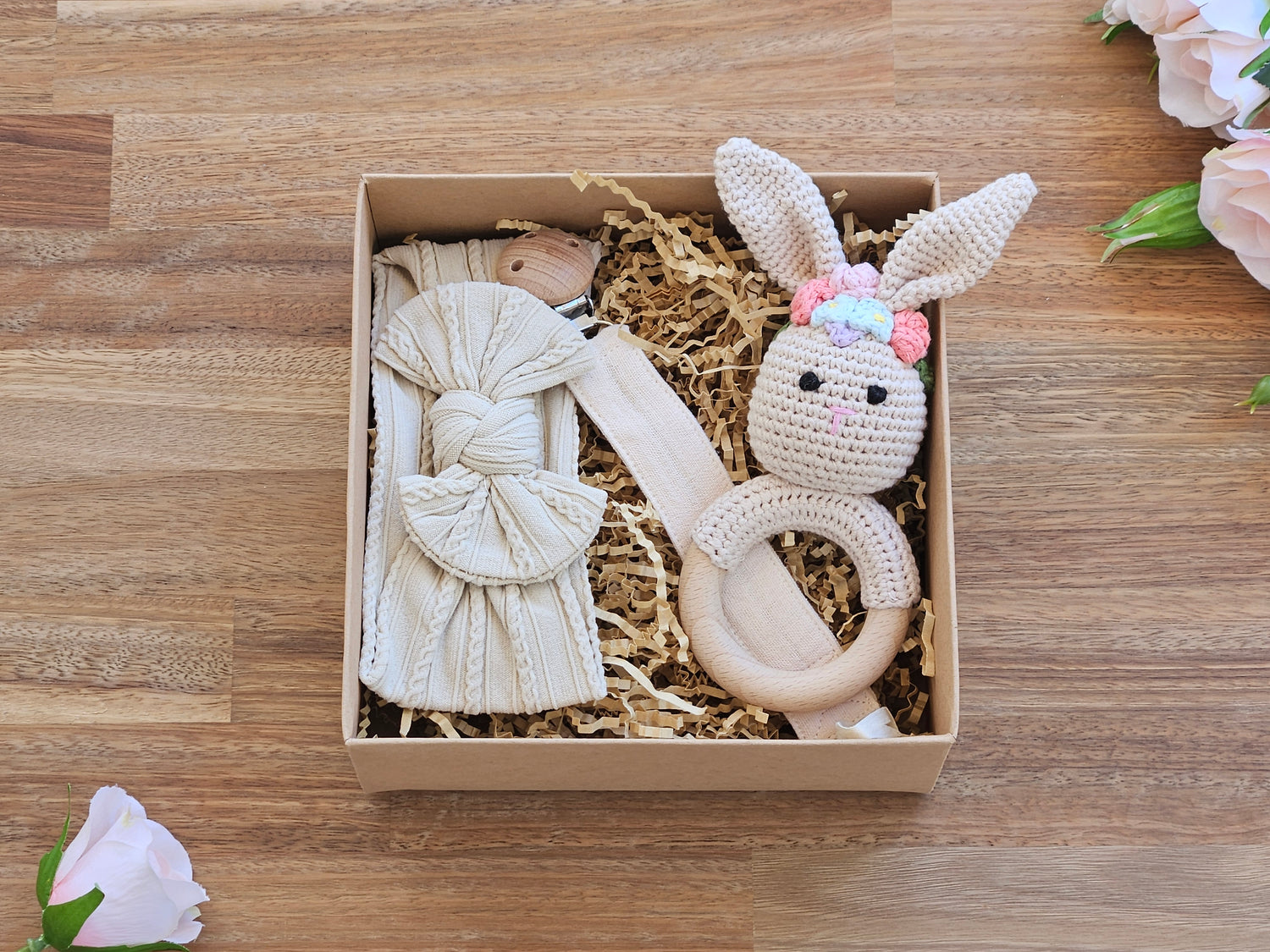 Crochet girl rabbit rattle gift box with beige muslin pacifier chain and bow headband