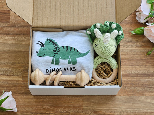 BABY GIFT BOX - Includes light weight grey triceratops print sloppy joe, crocheted dinosaur rattle and a wooden bar toy