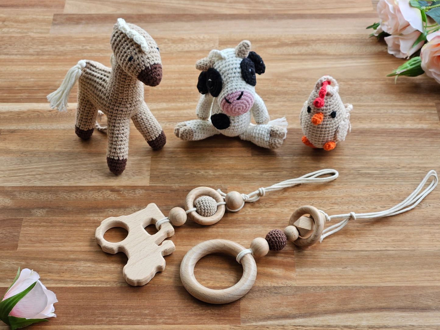 Farmyard baby gym toys, Crochet beige horse, crochet Chicken, crochet Cow and 2 wooden hanging toys ring and tractor.