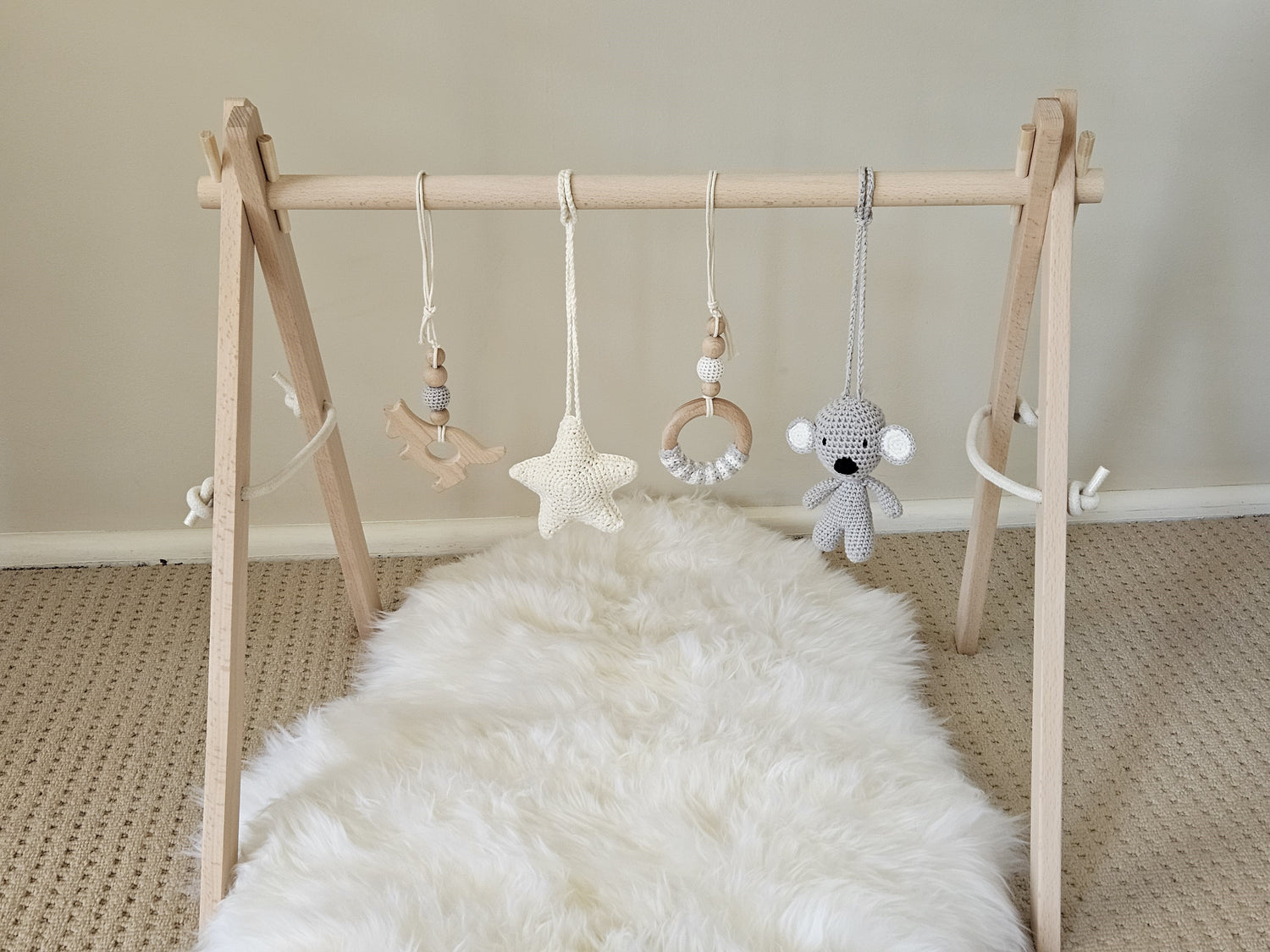 Aussie themed play gym with wooden frame, Crochet Star, crochet grey Koala and  2 wooden hanging toys