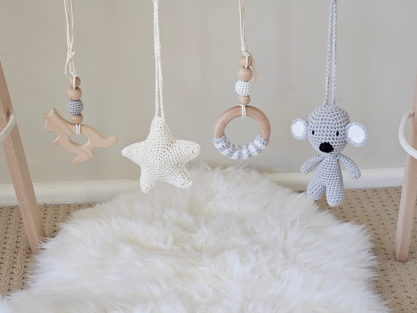 Aussie themed play gym with , Crochet Star, crochet grey Koala and  2 wooden hanging toys