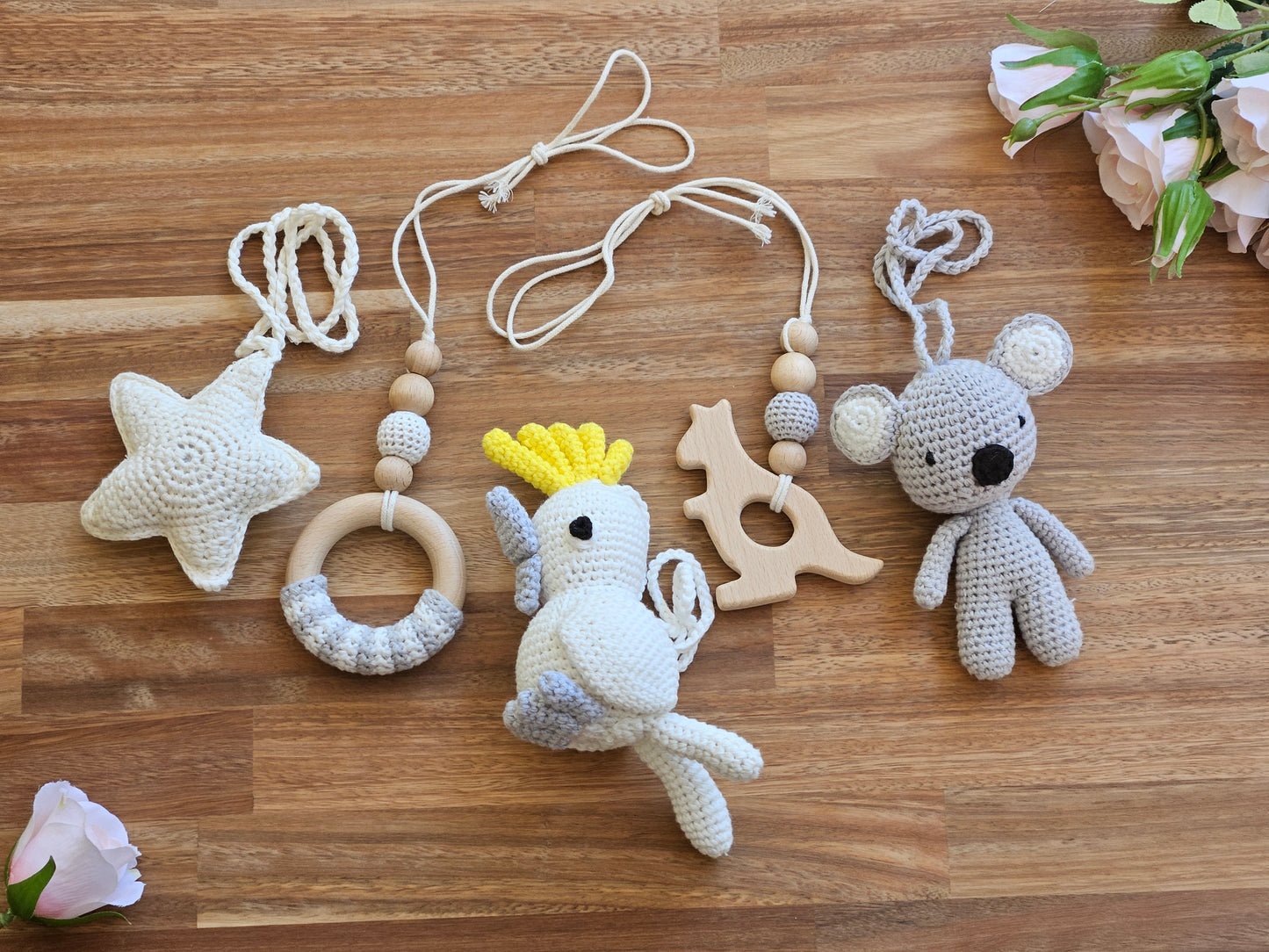 Crochet Star, crochet grey Koala, crochet Cockatoo and  2 wooden hanging toys