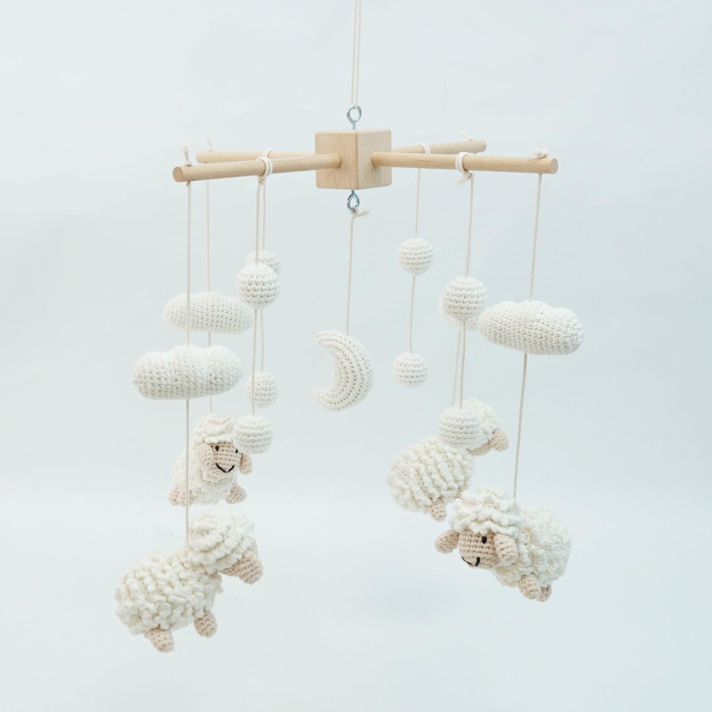 Crocheted Cream and beige sheep mobile, with cream clouds and half moon