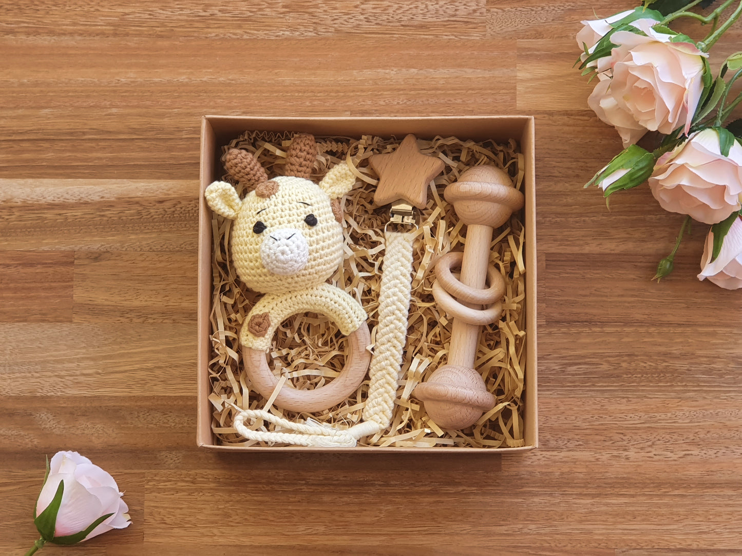 Baby Gift Box, Crochet Giraffe rattle, Macramé pacifier clip, wooden bar toy