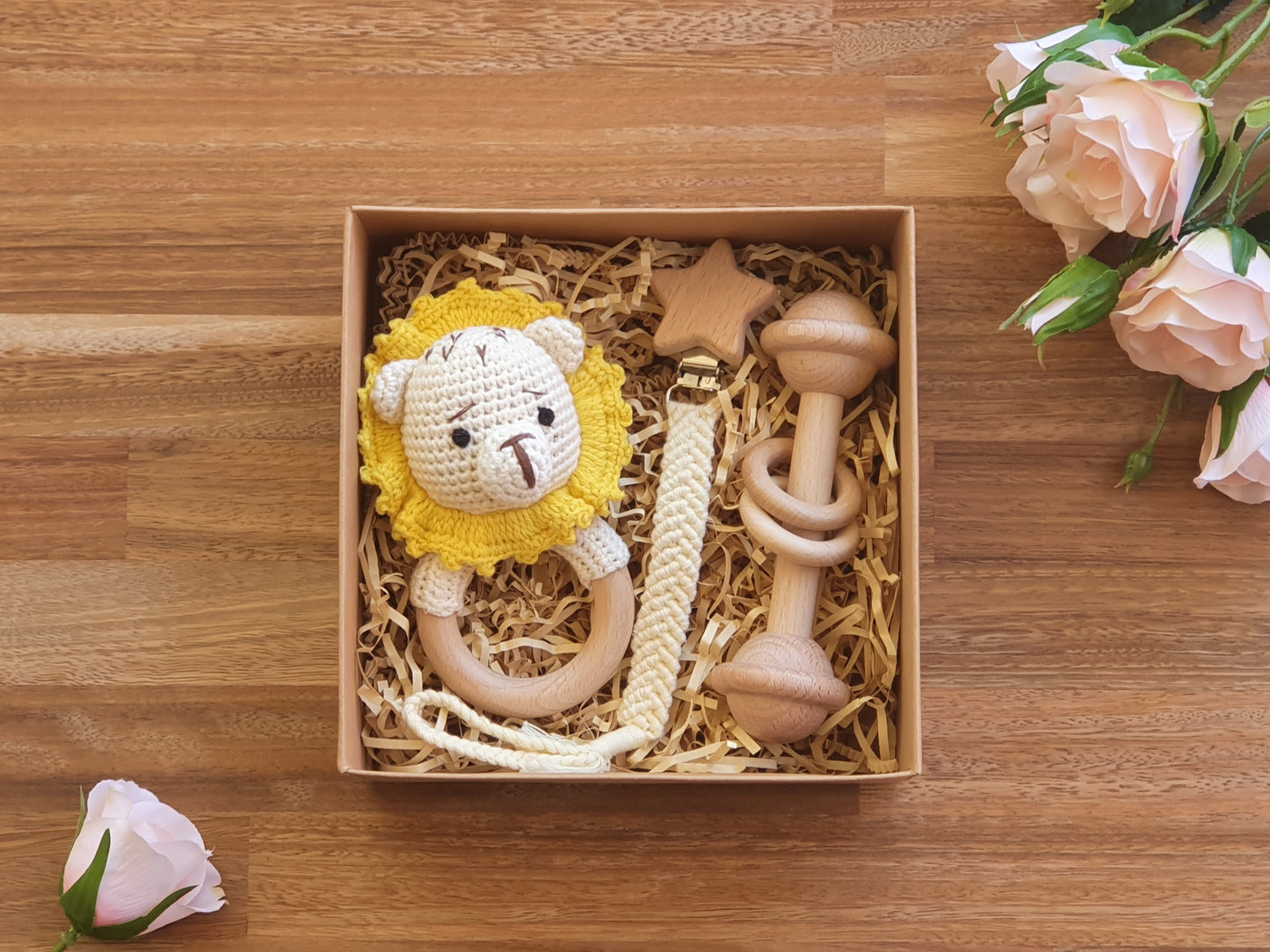 Baby Gift Box, Crochet Lion rattle, Macramé pacifier clip, wooden bar toy