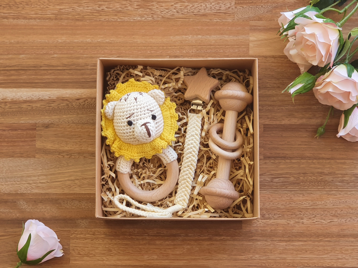 Baby Gift Box, Crochet Lion rattle, Macramé pacifier clip, wooden bar toy