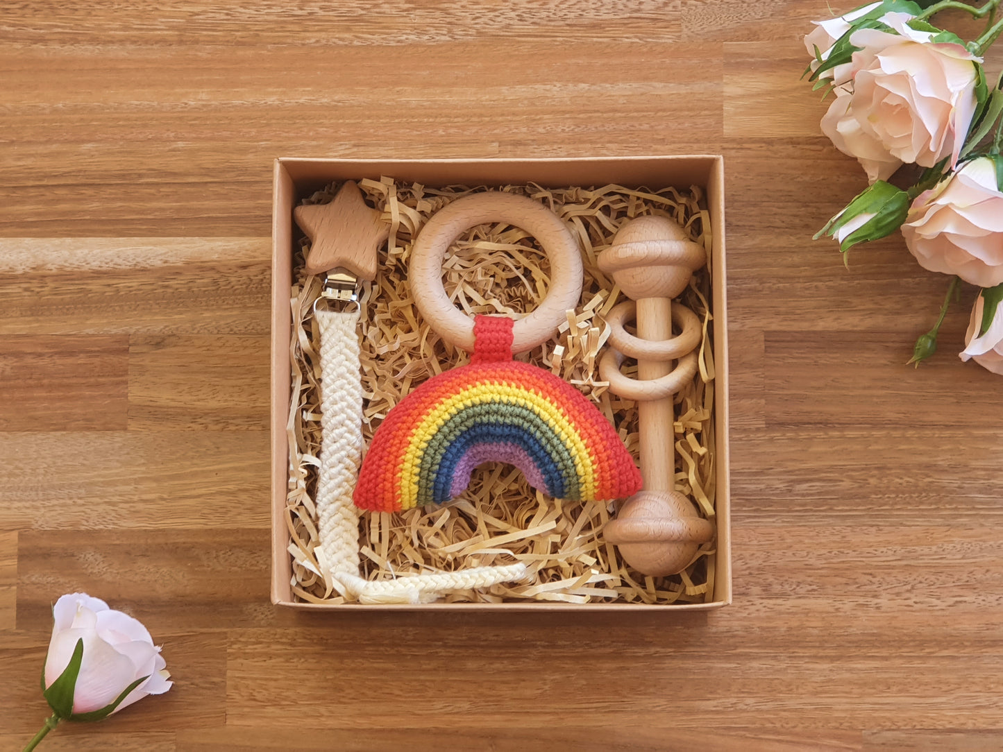  Baby Gift Box, Crochet Rainbow rattle, Macramé pacifier clip, Wooden bar toy, rattle