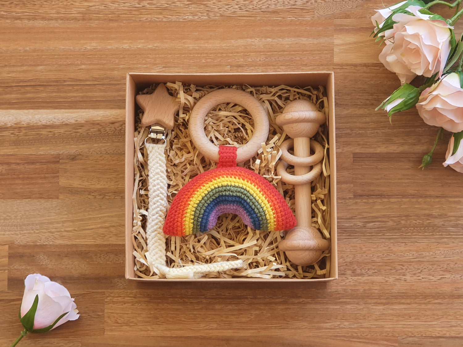  Baby Gift Box, Crochet Rainbow rattle, Macramé pacifier clip, Wooden bar toy, rattle