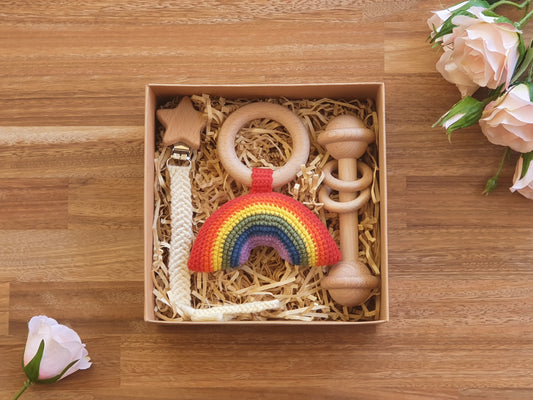  Baby Gift Box, Crochet Rainbow rattle, Macramé pacifier clip, Wooden bar toy, rattle