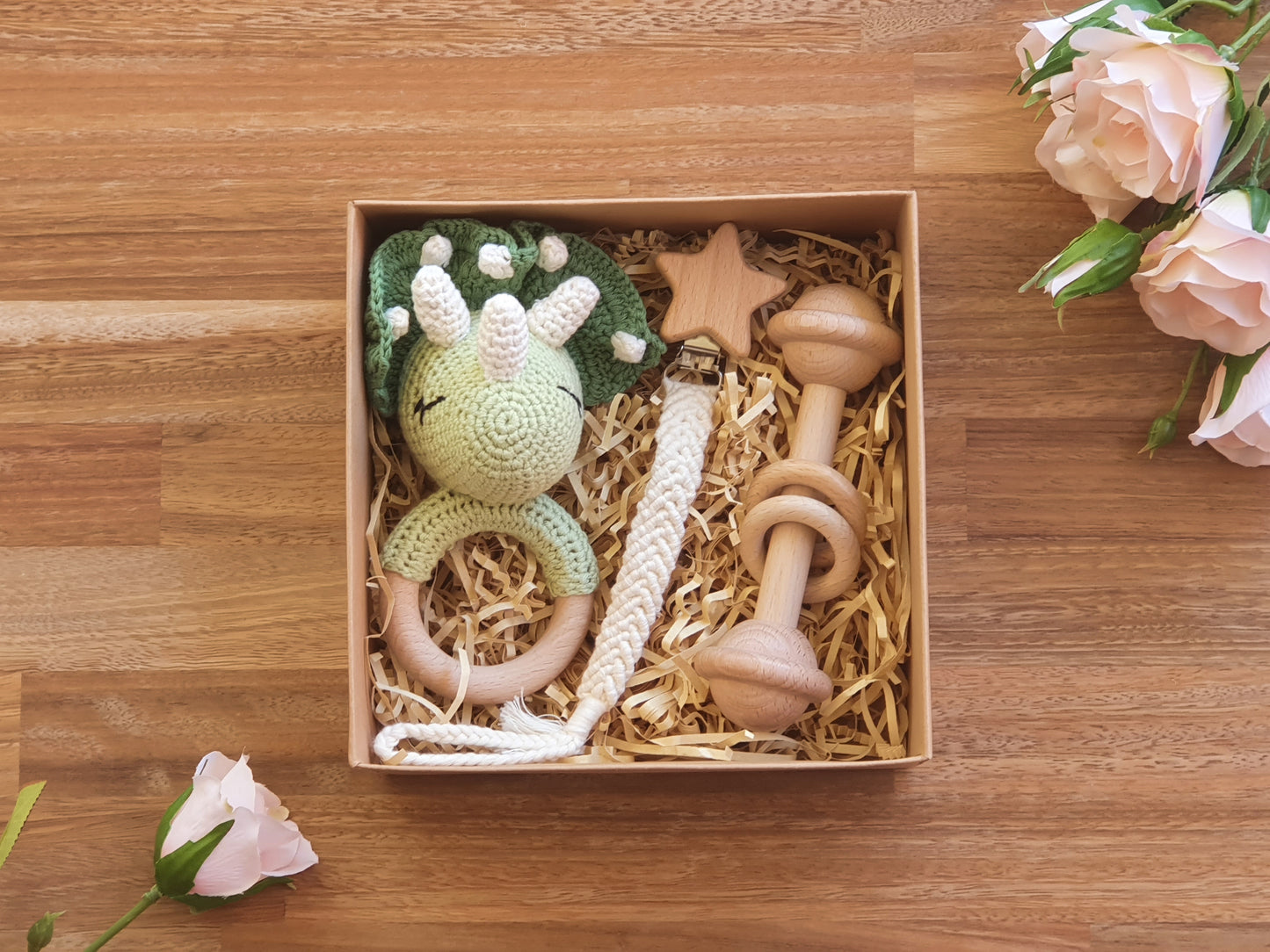 Baby Gift Box, Dinosaur, rattle Triceratops, macramé pacifier clip, wooden bar toy 