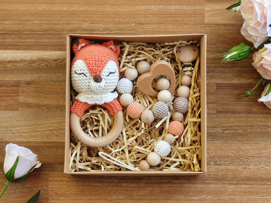 Baby gift box, Crochet Fox rattle, Toy ring, Pacifier clip