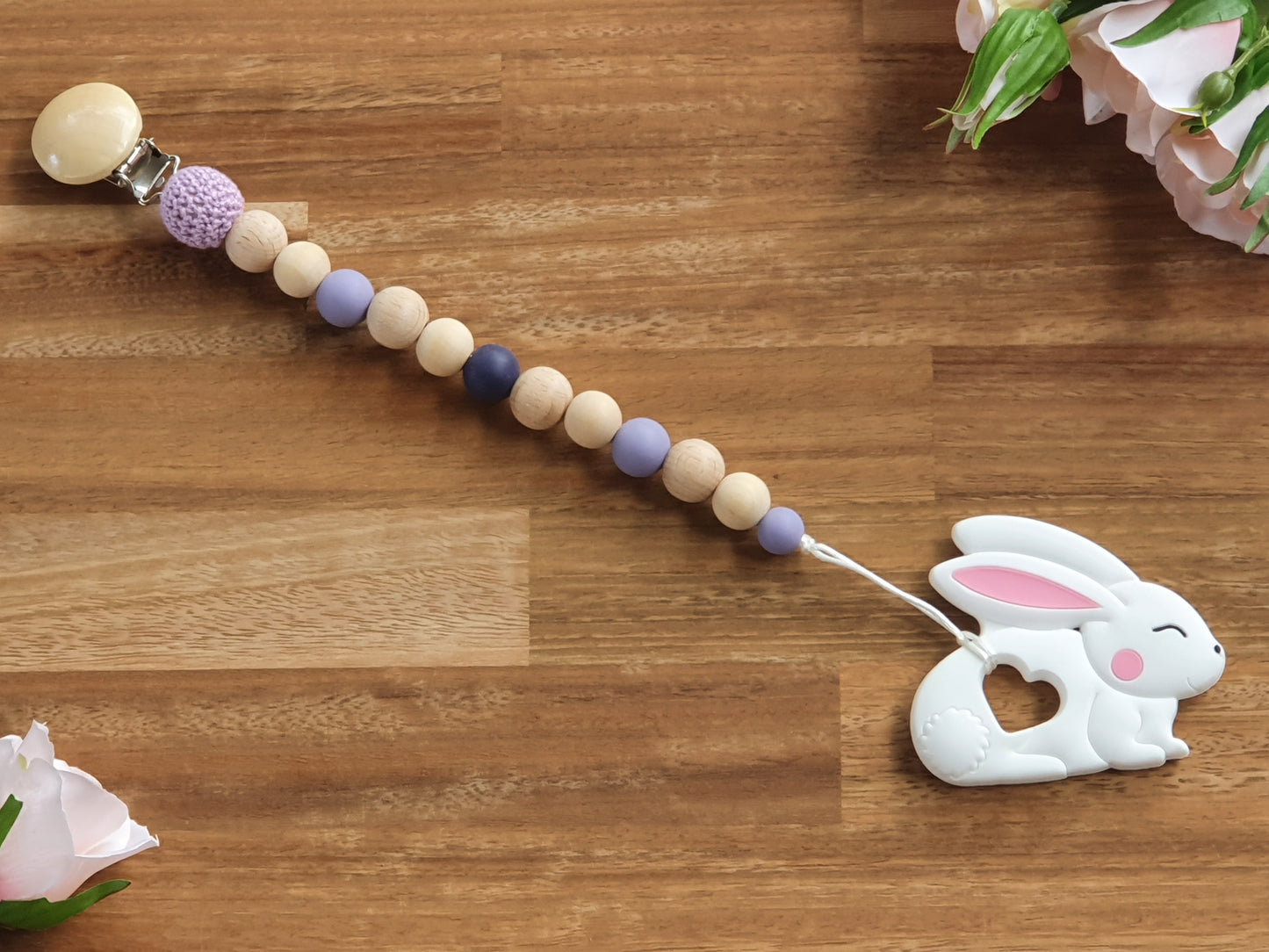 Beaded Pacifier chain with silicone white rabbit teether