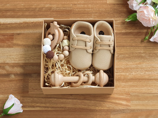 Baby Gift Box, Brown Faux Leather shoe, Wooden bar toy, Beaded toy ring