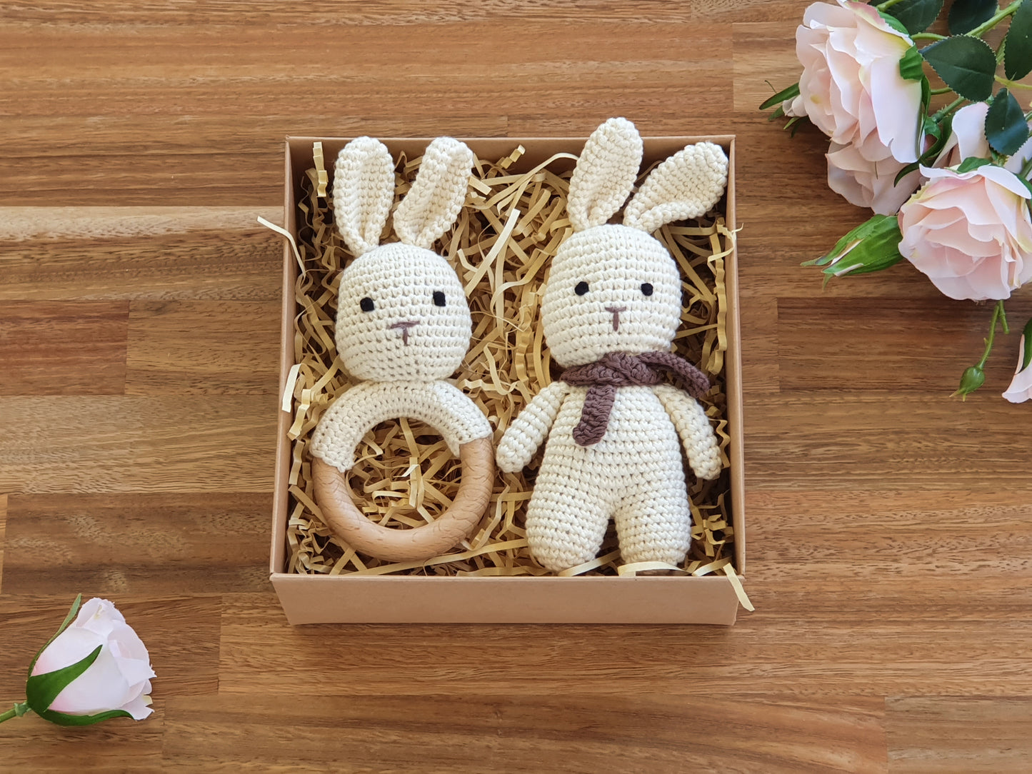 Bunny Rabbit gift box, includes bunny rattle and small stuffed rabbit with scarf