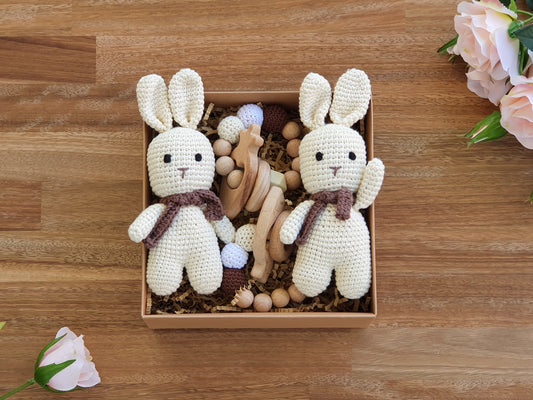  Crochet Rabbit toys, Beige with Brown scarf and 2 beaded teether toys