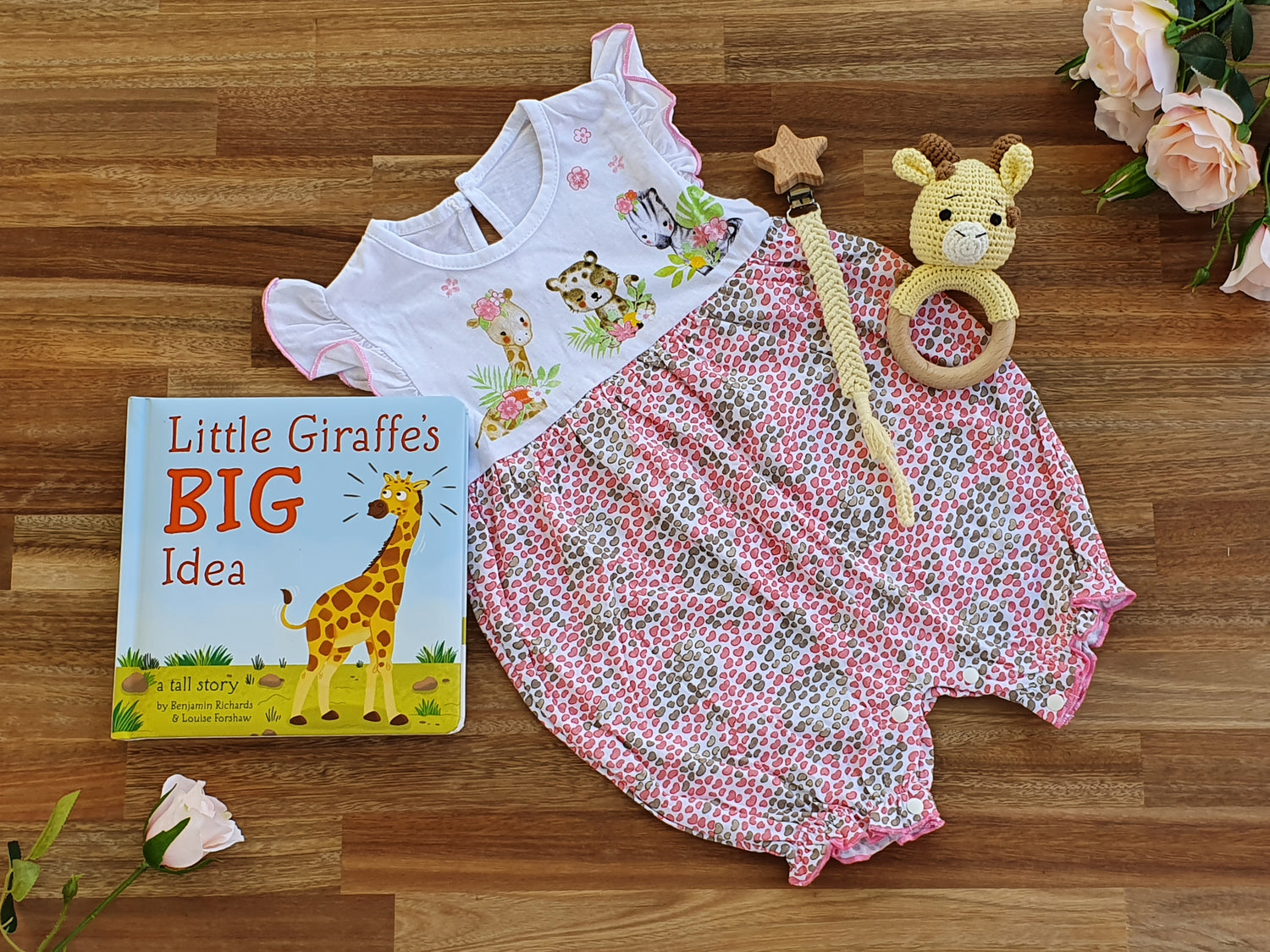 BABY GIFT BOX - Girls pink and wite romper, crochet giraffe rattle, Macramé pacifier chain and a book