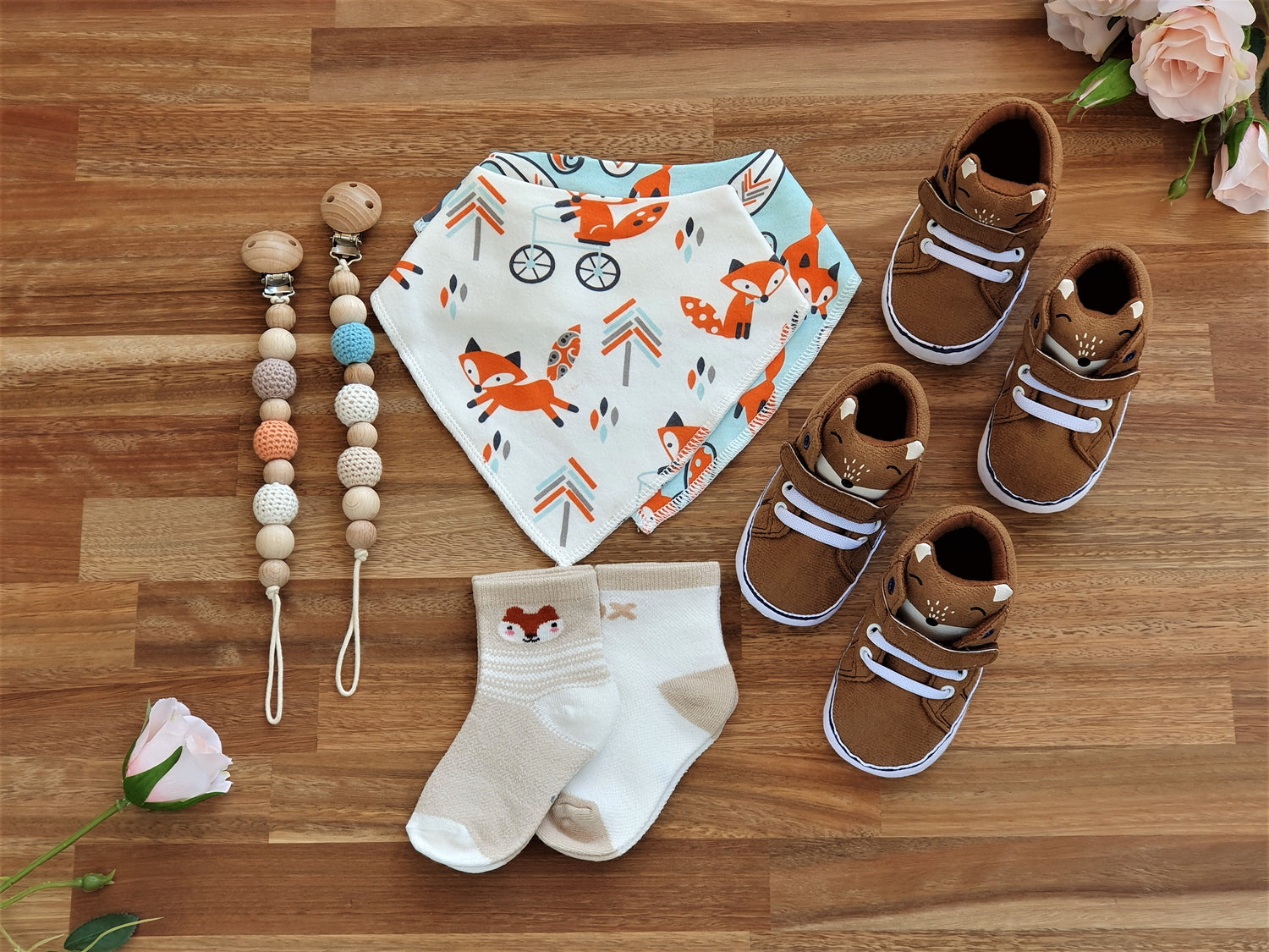 twin Fox gift box, fox boots, blue fox bandana bib, white fox bandana bib, fox socks, beaded pacifier clip