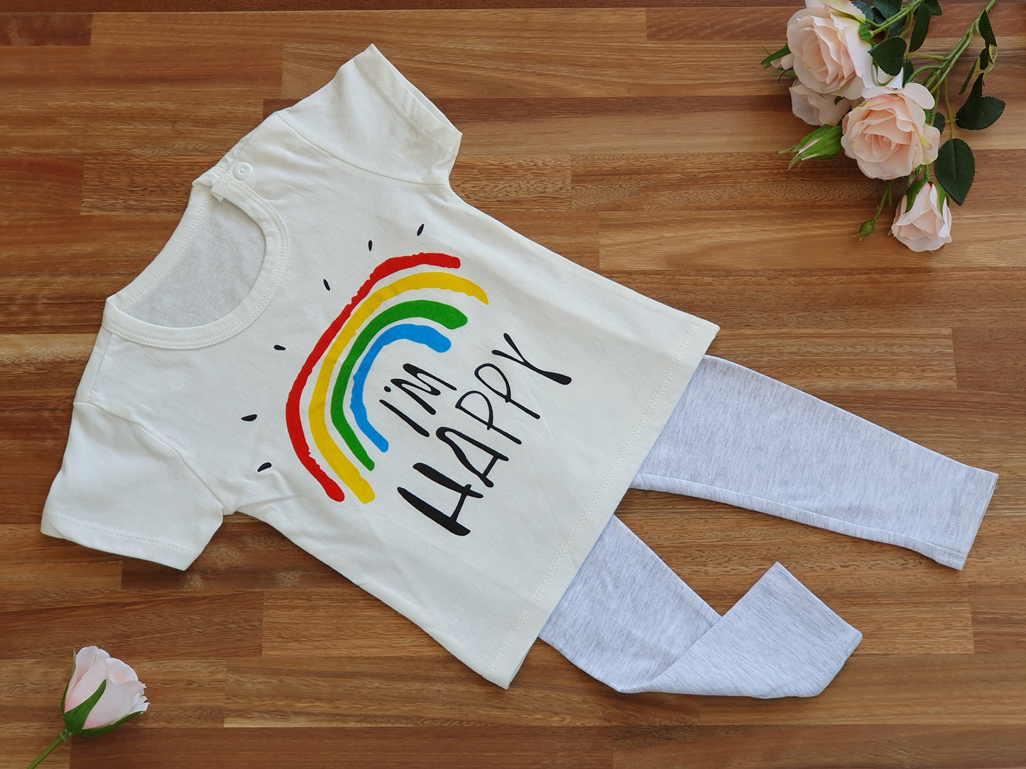 White T_Shirt with rainbow image, grey organic cotton leggings,