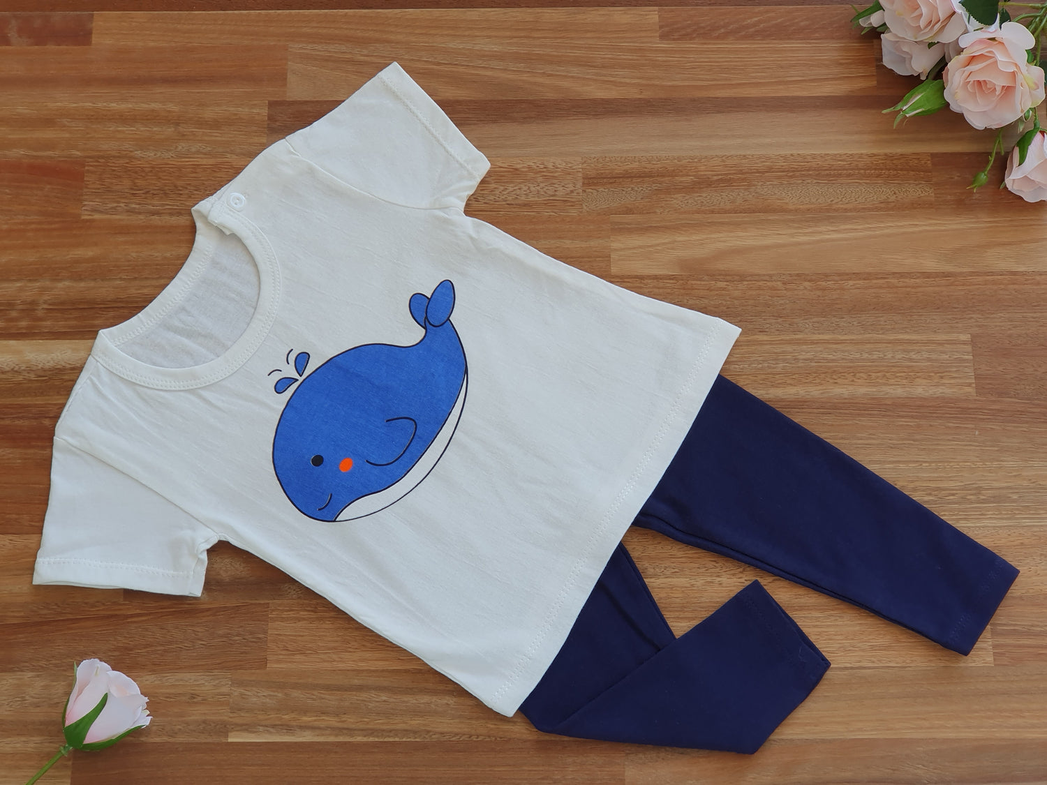 White T-Shirt with whale image and navy blue leggings