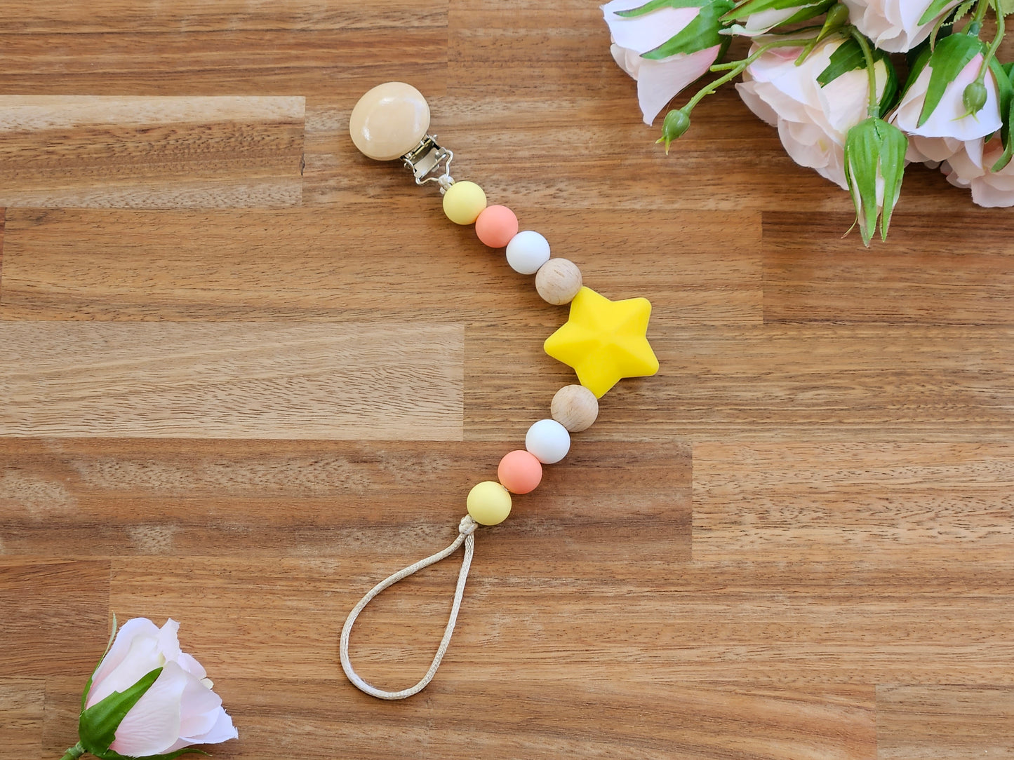 Beaded pacifier chain, yellow star with wood, orange white and yellow beads