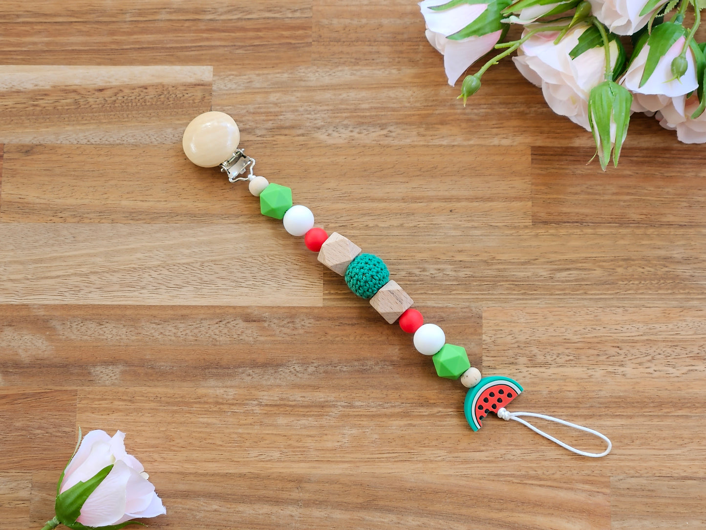 Beaded Watermelon theme Pacifier chain with wooden, green, red, white  and a watermelon slice beads